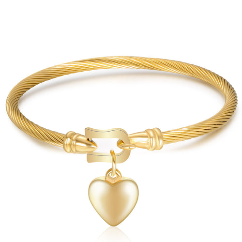 Horseshoe Buckle Bracelet with Heart Pendant, Unisex Steel Bangle