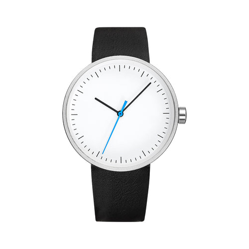Wristwatch with black strap and white dial on a white background