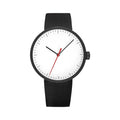 Black wristwatch with a white face and red second hand on a white background